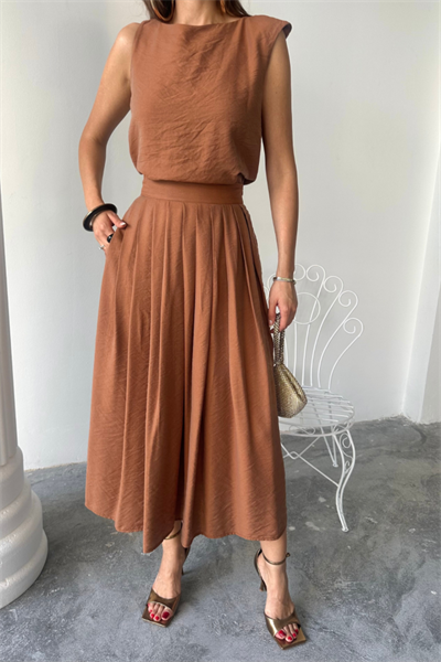KETEN KOLSUZ BLUZ - MAXİ ETEK TAKIM - Kahverengi