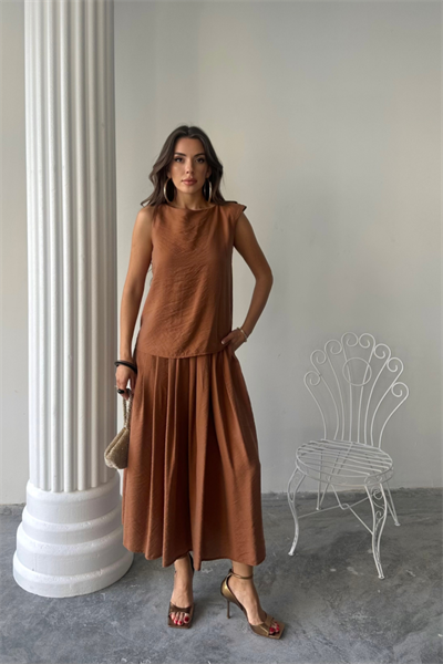 KETEN KOLSUZ BLUZ - MAXİ ETEK TAKIM - Kahverengi