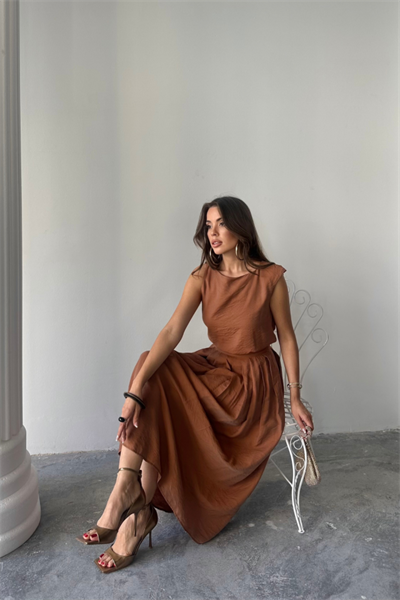 KETEN KOLSUZ BLUZ - MAXİ ETEK TAKIM - Kahverengi