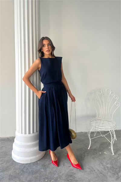 KETEN KOLSUZ BLUZ - MAXİ ETEK TAKIM - Lacivert