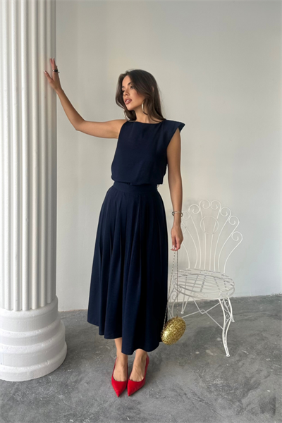 KETEN KOLSUZ BLUZ - MAXİ ETEK TAKIM - Lacivert