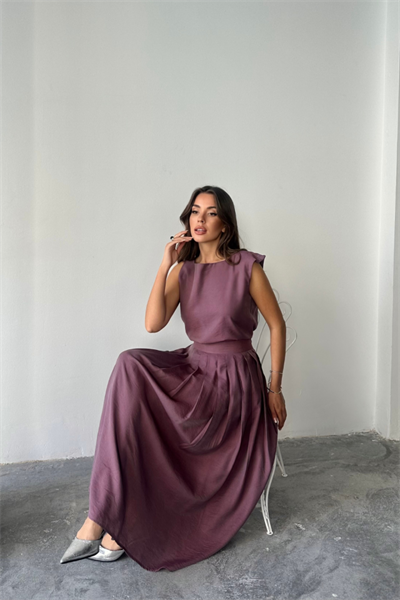 KETEN KOLSUZ BLUZ - MAXİ ETEK TAKIM - Mor