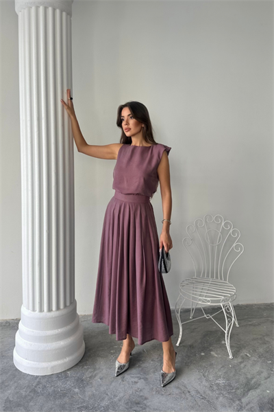 KETEN KOLSUZ BLUZ - MAXİ ETEK TAKIM - Mor