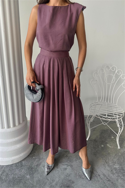 KETEN KOLSUZ BLUZ - MAXİ ETEK TAKIM - Mor