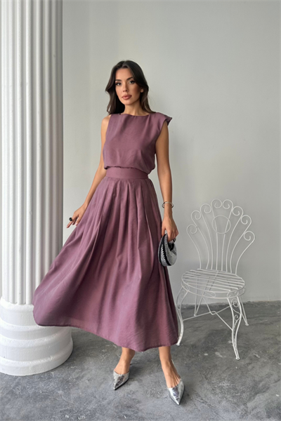 KETEN KOLSUZ BLUZ - MAXİ ETEK TAKIM - Mor