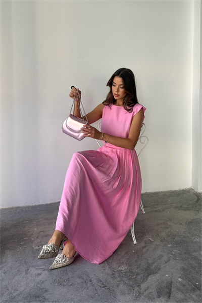 KETEN KOLSUZ BLUZ - MAXİ ETEK TAKIM - Pembe