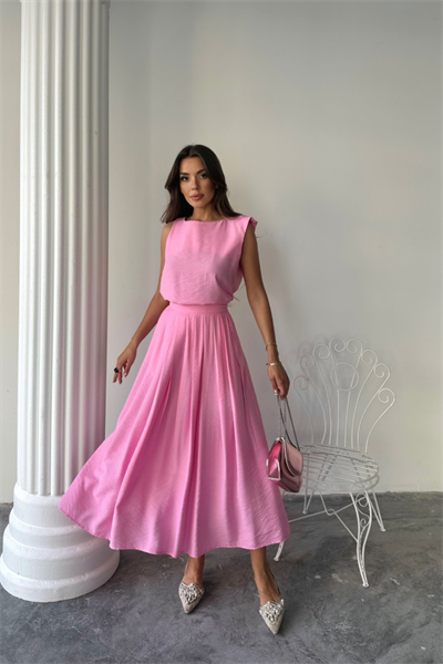 KETEN KOLSUZ BLUZ - MAXİ ETEK TAKIM - Pembe