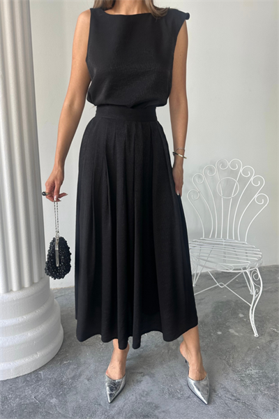 KETEN KOLSUZ BLUZ - MAXİ ETEK TAKIM - Siyah