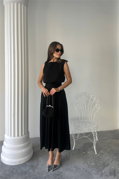 KETEN KOLSUZ BLUZ - MAXİ ETEK TAKIM - Siyah