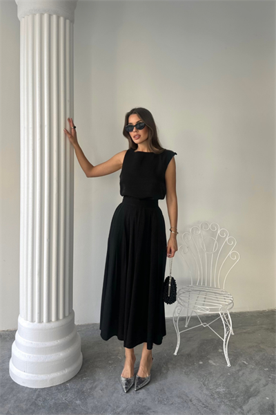 KETEN KOLSUZ BLUZ - MAXİ ETEK TAKIM - Siyah