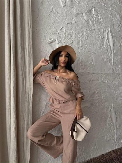 KETEN MADONNA YAKA KOL HASIR ŞERİT - PANTOLON TAKIM - Kahverengi