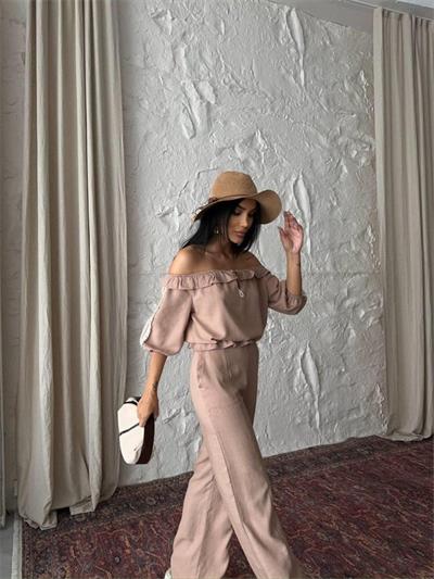 KETEN MADONNA YAKA KOL HASIR ŞERİT - PANTOLON TAKIM - Kahverengi