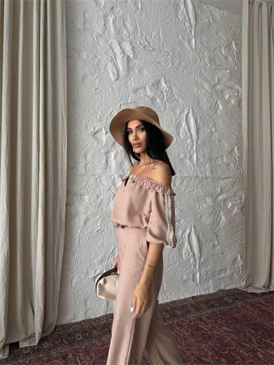 KETEN MADONNA YAKA KOL HASIR ŞERİT - PANTOLON TAKIM - Kahverengi