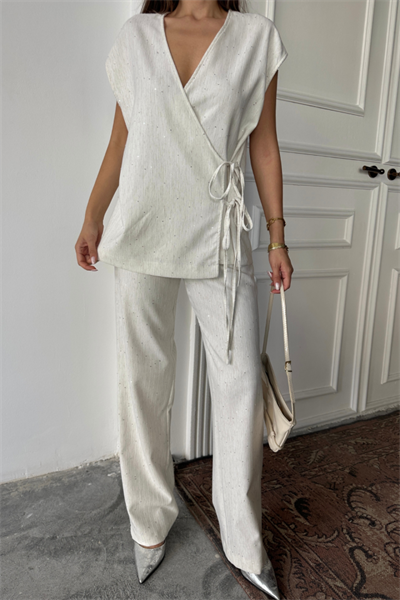 KETEN PULLU KRUVAZE BAĞLAMALI BLUZ - PANTOLON TAKIM - Ham