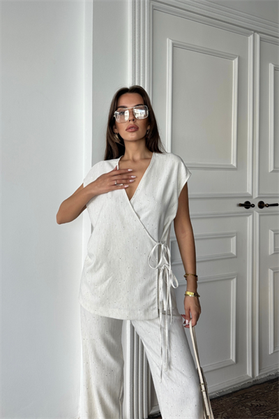 KETEN PULLU KRUVAZE BAĞLAMALI BLUZ - PANTOLON TAKIM - Ham