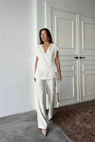 KETEN PULLU KRUVAZE BAĞLAMALI BLUZ - PANTOLON TAKIM - Ham