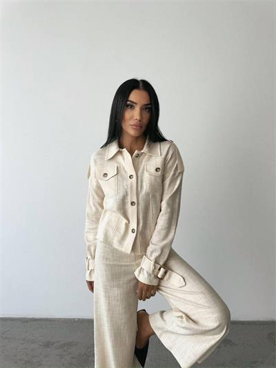 KETEN PÜSKÜL DETAYLI GÖMLEK-PANTOLON TAKIM - Ham