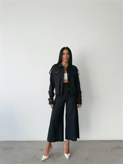 KETEN PÜSKÜL DETAYLI GÖMLEK-PANTOLON TAKIM - Siyah