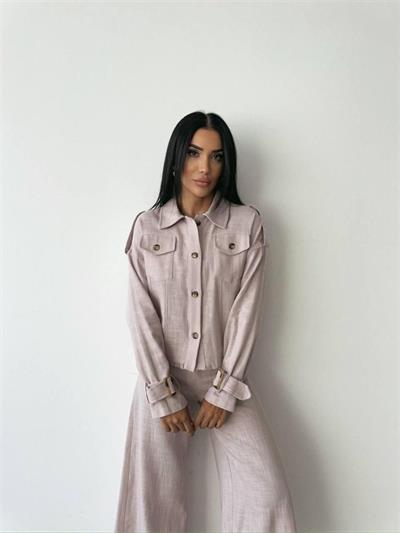 KETEN PÜSKÜL DETAYLI GÖMLEK-PANTOLON TAKIM - Vizon