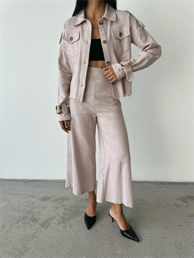 KETEN PÜSKÜL DETAYLI GÖMLEK-PANTOLON TAKIM - Vizon