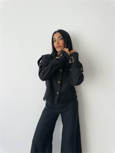 KETEN PÜSKÜL DETAYLI GÖMLEK-PANTOLON TAKIM - Siyah