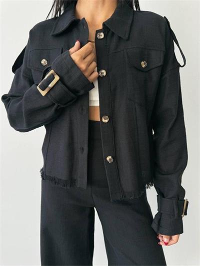 KETEN PÜSKÜL DETAYLI GÖMLEK-PANTOLON TAKIM - Siyah