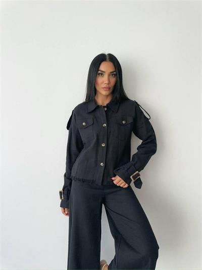 KETEN PÜSKÜL DETAYLI GÖMLEK-PANTOLON TAKIM - Siyah