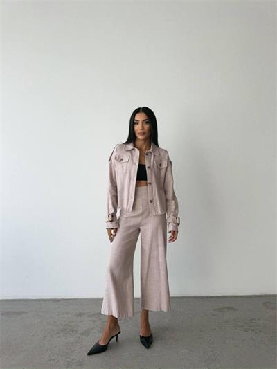 KETEN PÜSKÜL DETAYLI GÖMLEK-PANTOLON TAKIM - Vizon