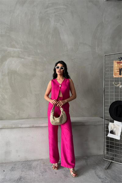 KETEN TEK DÜĞME YELEK-PANTOLON TAKIM - Pembe