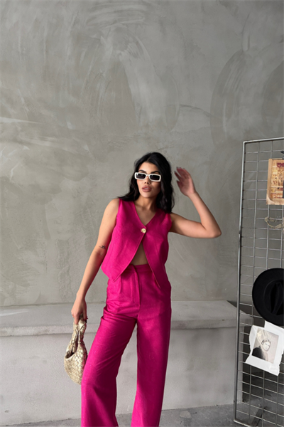 KETEN TEK DÜĞME YELEK-PANTOLON TAKIM - Pembe