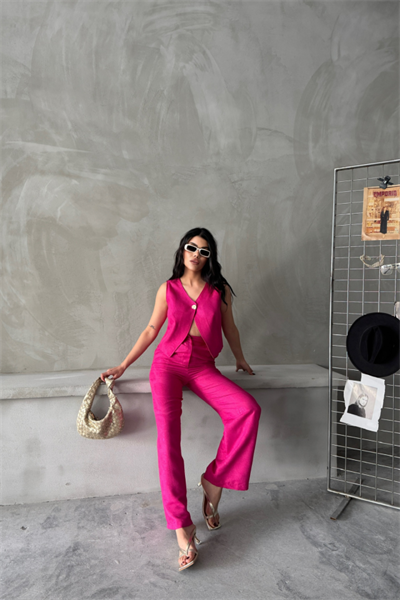 KETEN TEK DÜĞME YELEK-PANTOLON TAKIM - Pembe