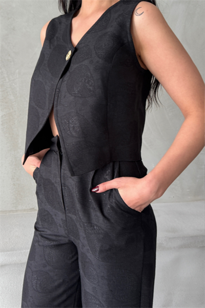 KETEN TEK DÜĞME YELEK-PANTOLON TAKIM - Siyah