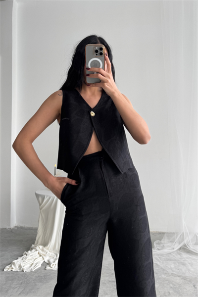 KETEN TEK DÜĞME YELEK-PANTOLON TAKIM - Siyah