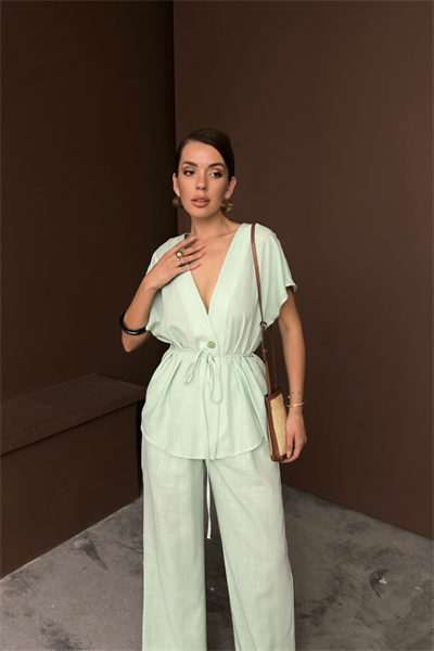 KETEN V YAKA BELDEN BAĞLAMALI BLUZ-PANTOLON TAKIM - Yeşil