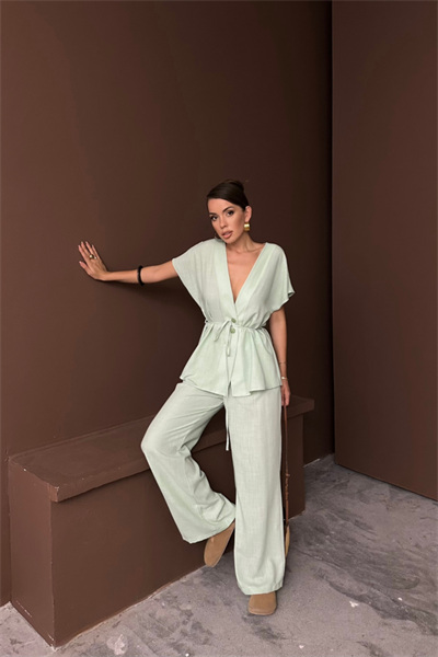 KETEN V YAKA BELDEN BAĞLAMALI BLUZ-PANTOLON TAKIM - Yeşil