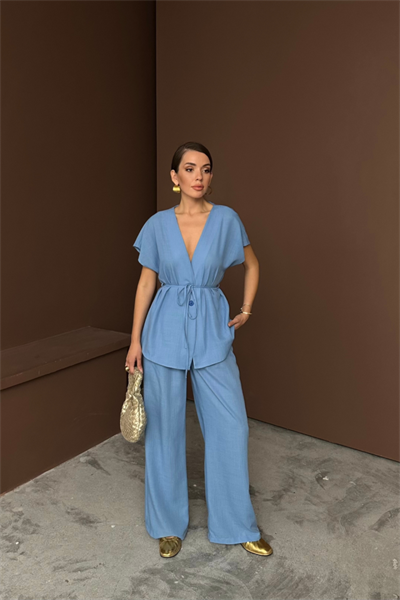 KETEN V YAKA BELDEN BAĞLAMALI BLUZ-PANTOLON TAKIM - Mavi