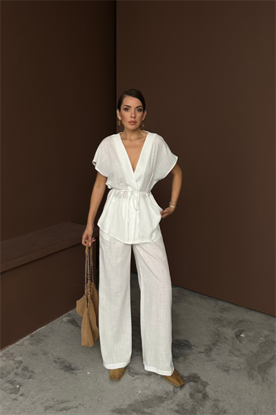 KETEN V YAKA BELDEN BAĞLAMALI BLUZ-PANTOLON TAKIM - Beyaz