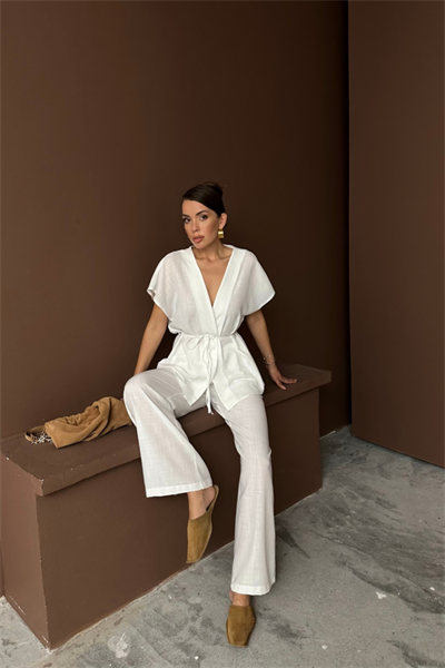 KETEN V YAKA BELDEN BAĞLAMALI BLUZ-PANTOLON TAKIM - Beyaz