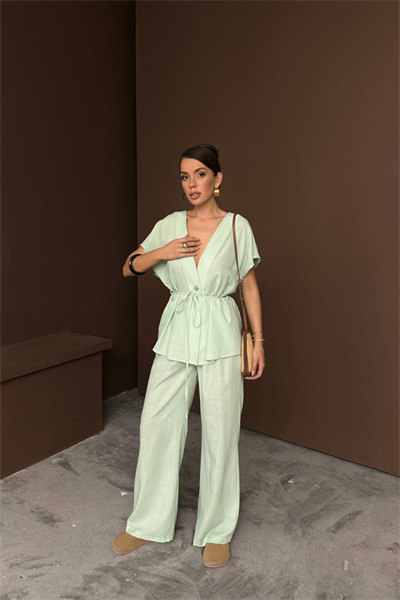 KETEN V YAKA BELDEN BAĞLAMALI BLUZ-PANTOLON TAKIM - Yeşil