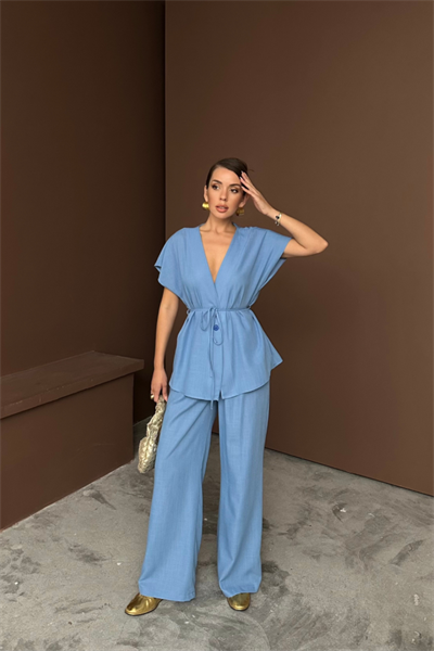 KETEN V YAKA BELDEN BAĞLAMALI BLUZ-PANTOLON TAKIM - Mavi