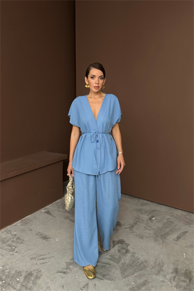 KETEN V YAKA BELDEN BAĞLAMALI BLUZ-PANTOLON TAKIM - Mavi