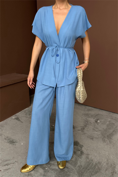 KETEN V YAKA BELDEN BAĞLAMALI BLUZ-PANTOLON TAKIM - Mavi