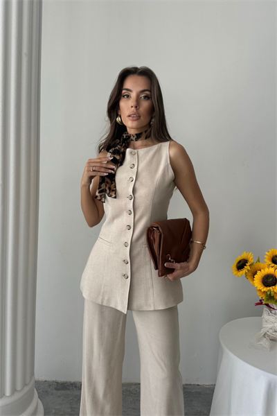 KETEN YELEK - PANTOLON TAKIM - Bej