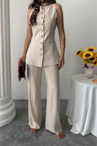 KETEN YELEK - PANTOLON TAKIM - Bej