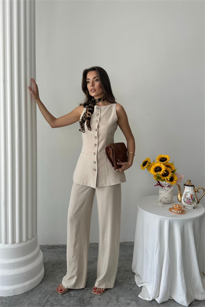 KETEN YELEK - PANTOLON TAKIM - Bej