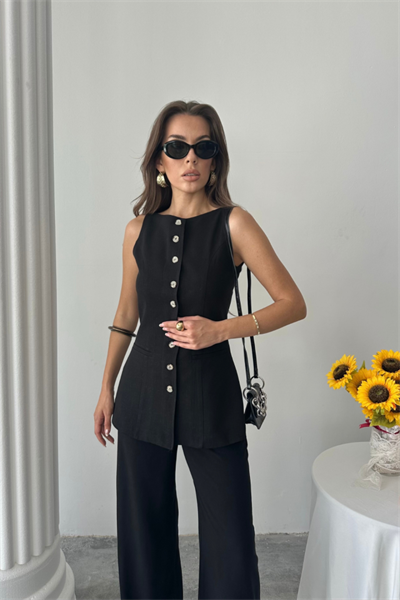 KETEN YELEK - PANTOLON TAKIM - Siyah