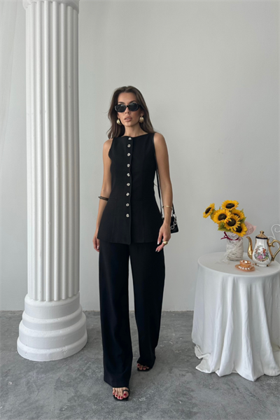 KETEN YELEK - PANTOLON TAKIM - Siyah