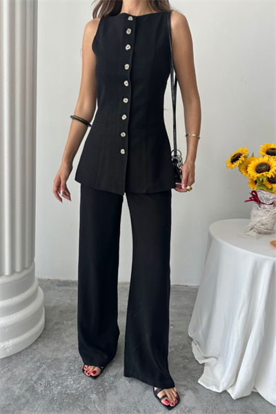 KETEN YELEK - PANTOLON TAKIM - Siyah