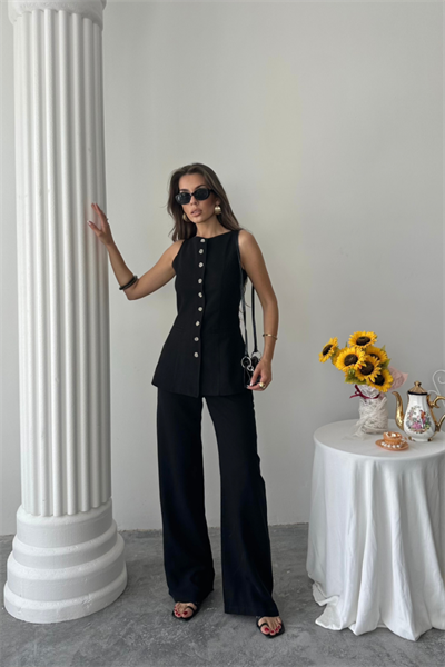 KETEN YELEK - PANTOLON TAKIM - Siyah