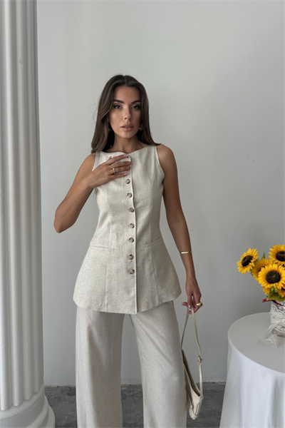 KETEN YELEK - PANTOLON TAKIM - Taş